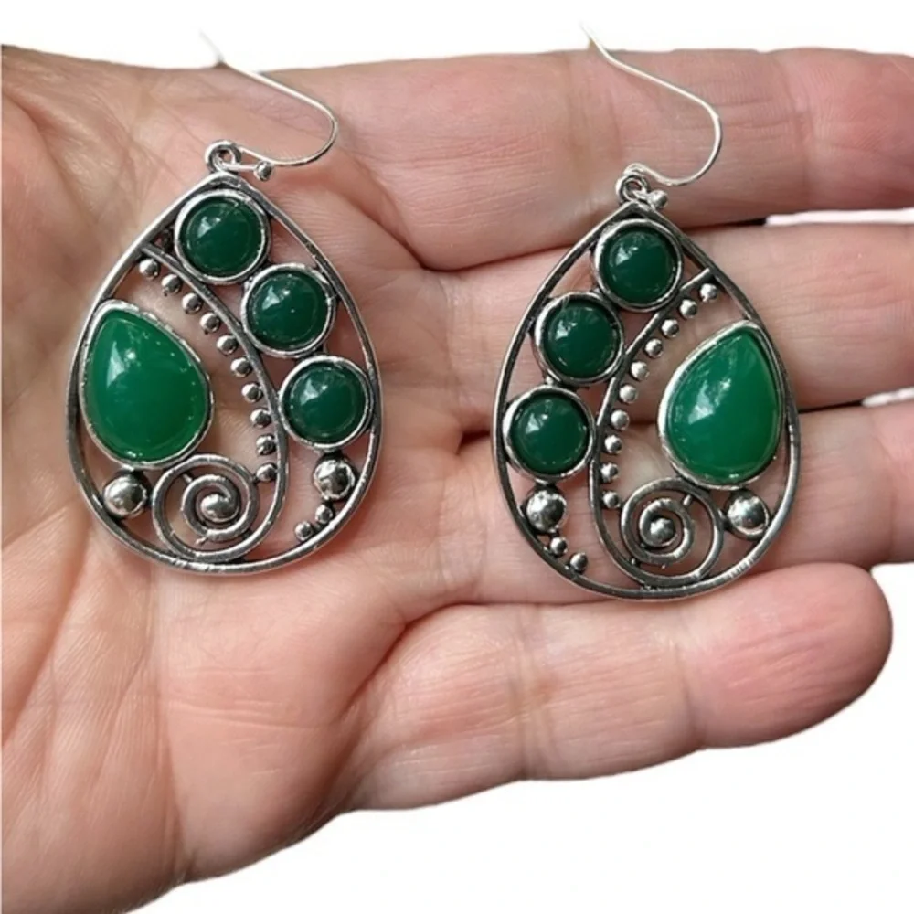 New Silver and Green Stone Earrings